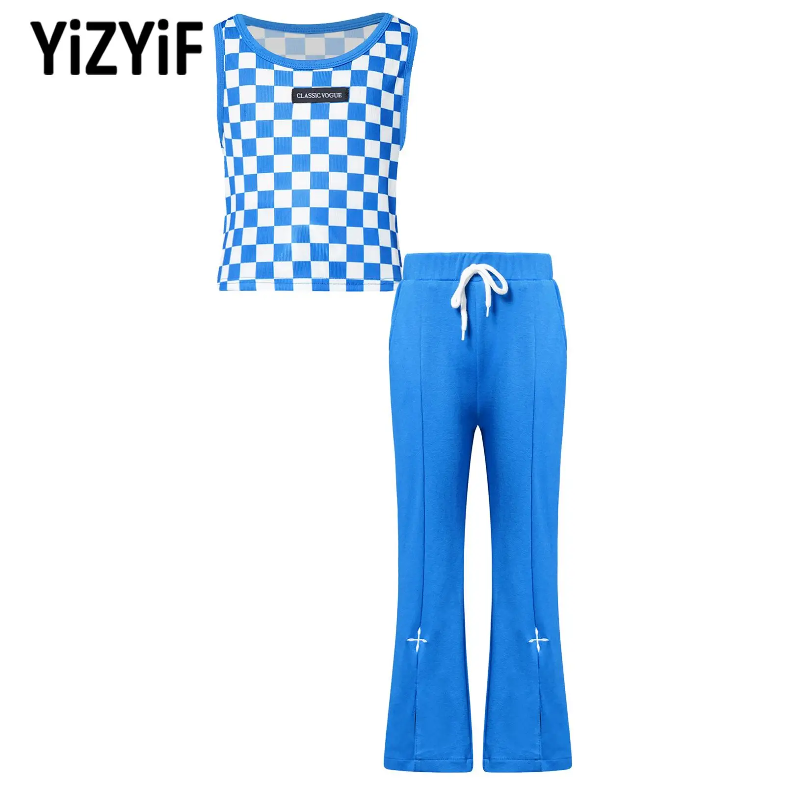 Girls Jazz Dance Outfit Sports Suit Tracksuit 2Pcs Checkerboard Print Crop Vest Top+Flared Pants Clothes Fashion Show Sportswear