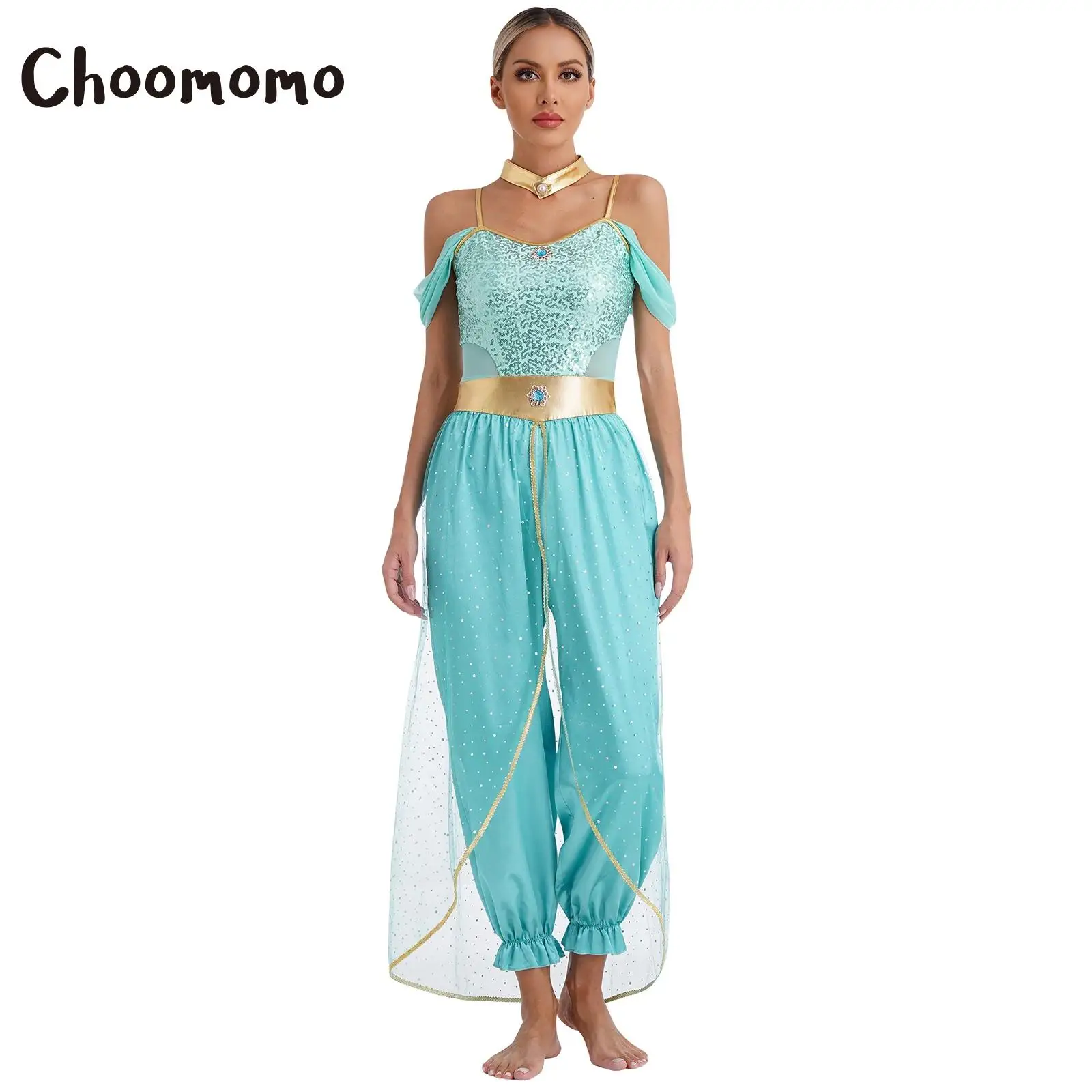 

Womens Arabian Princess Costume Bollywood Indian Belly Dance Sequins Jumpsuit Halloween Party Fairy Coplay Fancy Dress Up
