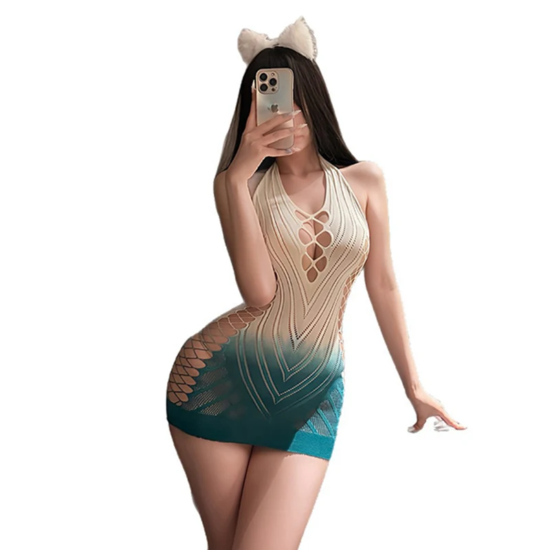 

Sexy Women Color Splicing Fishnet Halter Backless Dress Low Cut Tight Mini Dress Night Club Hollow Out Bodycon Skirt Costume
