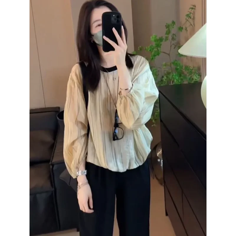 

Round Neck Temperament Shirt Texture New Korean Design Spring Autumn Tops Loose Comfortable Outerwear