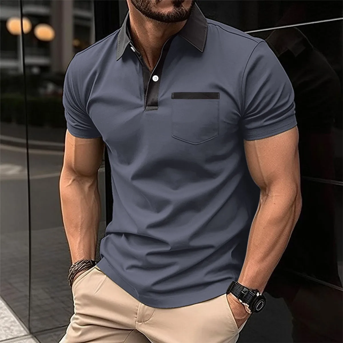 High quality men\'s Business Casual cotton blend Light luxury Summer polo shirt with pocket T-shirt