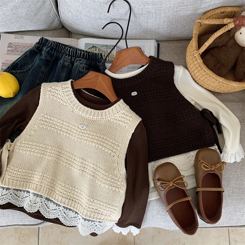 

Ins Kids Baby Girl Knitwear Autumn 2025 Lace Hem Toddler Little Girls Sleeveless Sweater Loose Soft 1-6Y Children Girl Waistcoat