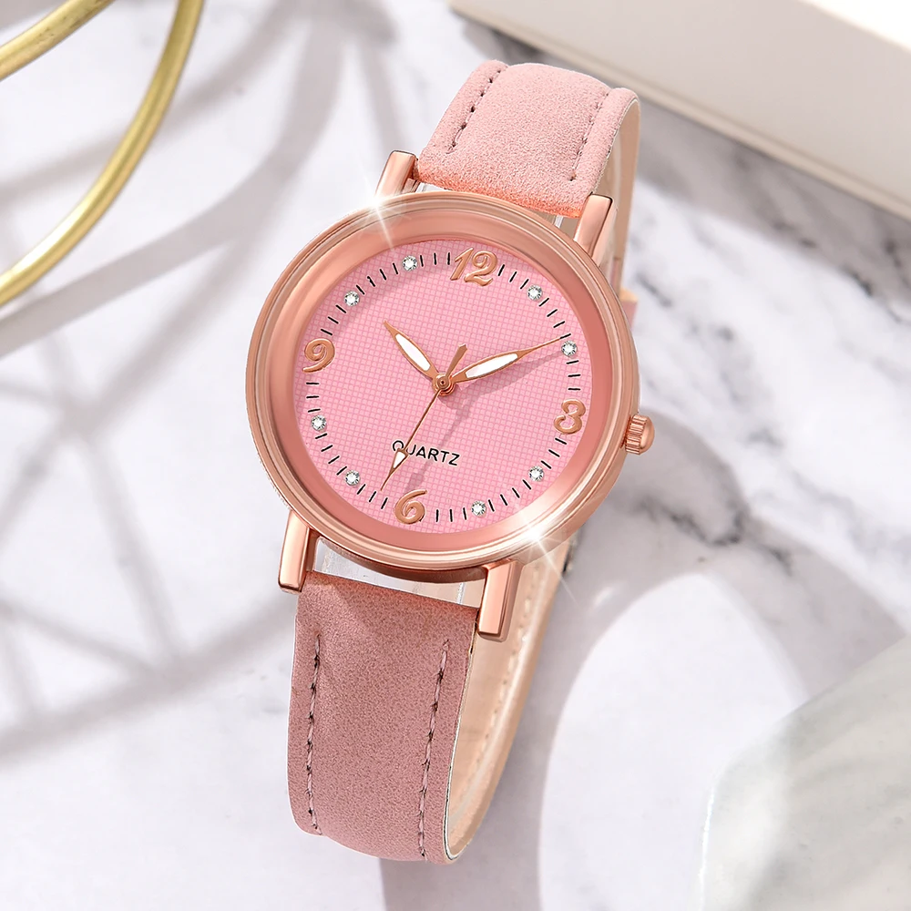 Quartz Pink Women Watch 5PCS/Set Simple Diamond Dial Quartz Wristwatch Leather Strap Watch Butterfly Jewelry Set Gift For Her