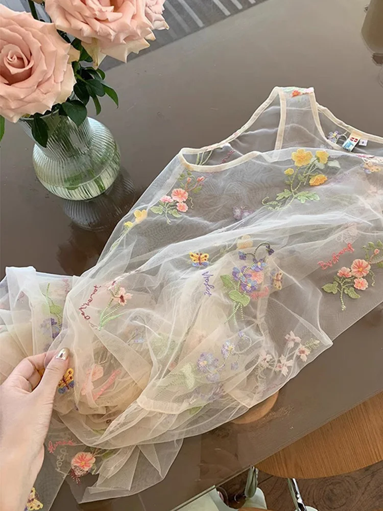 Embroidered Lace Strap Dress Women Summer Layered Inner Sunshade Net Vest Skirt Irregular  Dress Korean Style