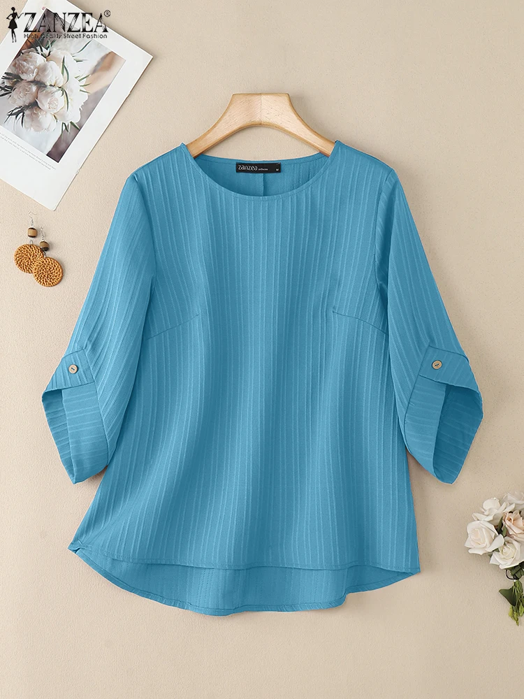ZANZEA Elegant Blusas Women Autumn Solid Color Blouse 2025 Stylish O Neck Tops Fashion 3/4 Lantern Sleeve Casual Loose Tunics