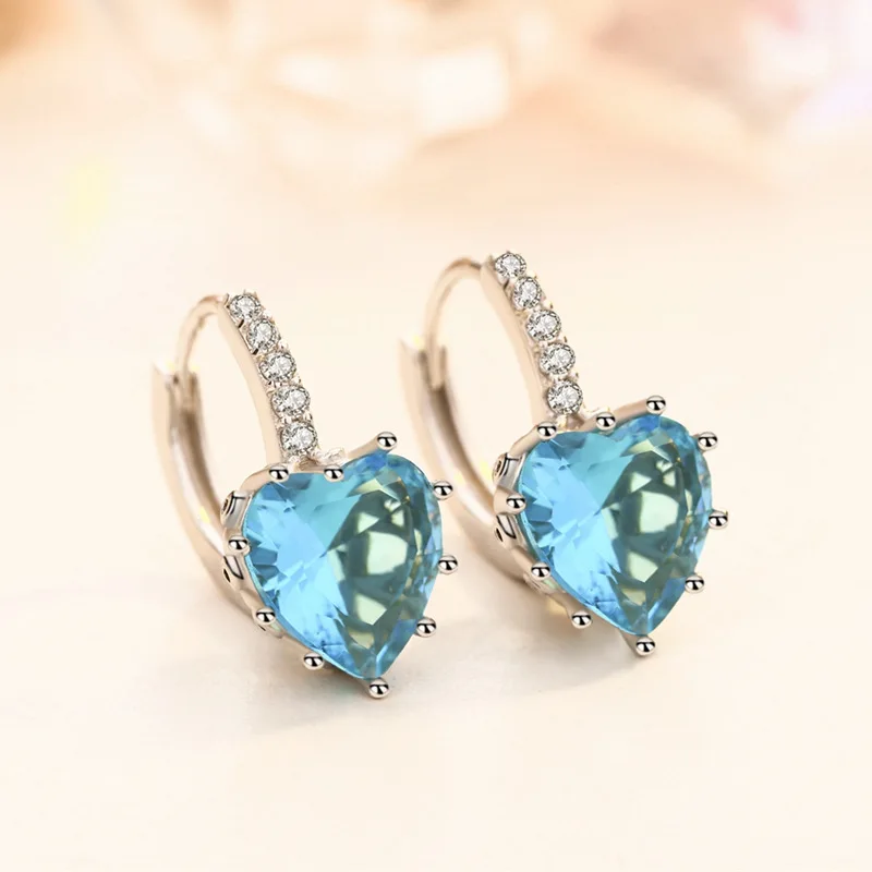 

Натуральные серьги-кольца из голубого топаза и серебра 925 пробы в форме сердца для женщин, модные, с драгоценными камнями, ювелирные изделия класса люкс, серьги-хагги