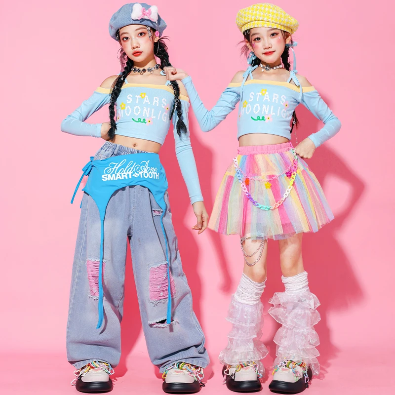 Chicas de Hip Hop K-pop con hombros descubiertos, Top corto dulce, pantalones Cargo, faldas Tiere, ropa de calle para niños, conjunto de ropa de baile de grupo de Jazz para niñas