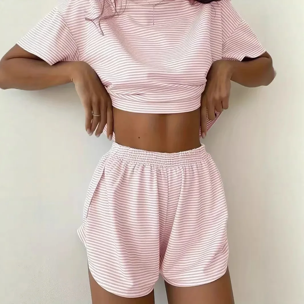 

2026 Spring and Summer New Suit Striped Casual Suit Short-sleeved Crew Neck Top Shorts Suit Women