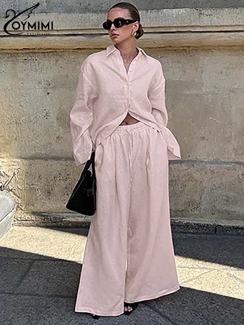 

Oymimi Elegant Pink Cotton 2 Piece Sets Women Outfit Fashion Long Sleeve Single Breasted Shirts + Drawstring Straight Pants Sets