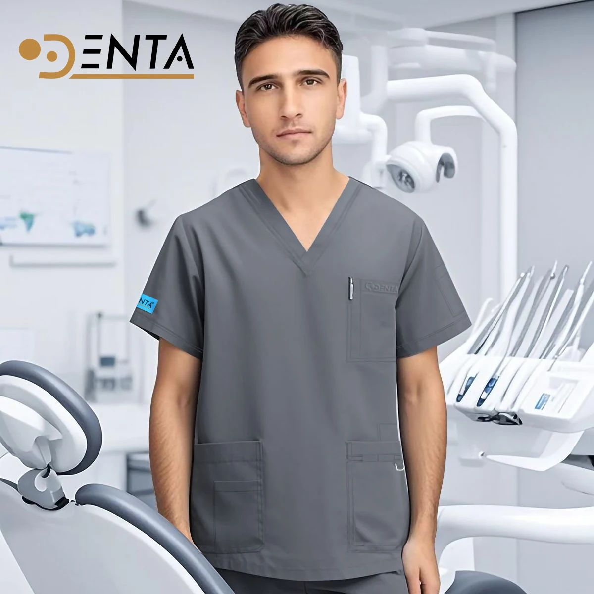 Medical Uniforms Men Scrub Top Surgical Overalls Short Sleeve Nursing Clothes V Neck Scrub Shirt Veterinary Workwear Dentistry