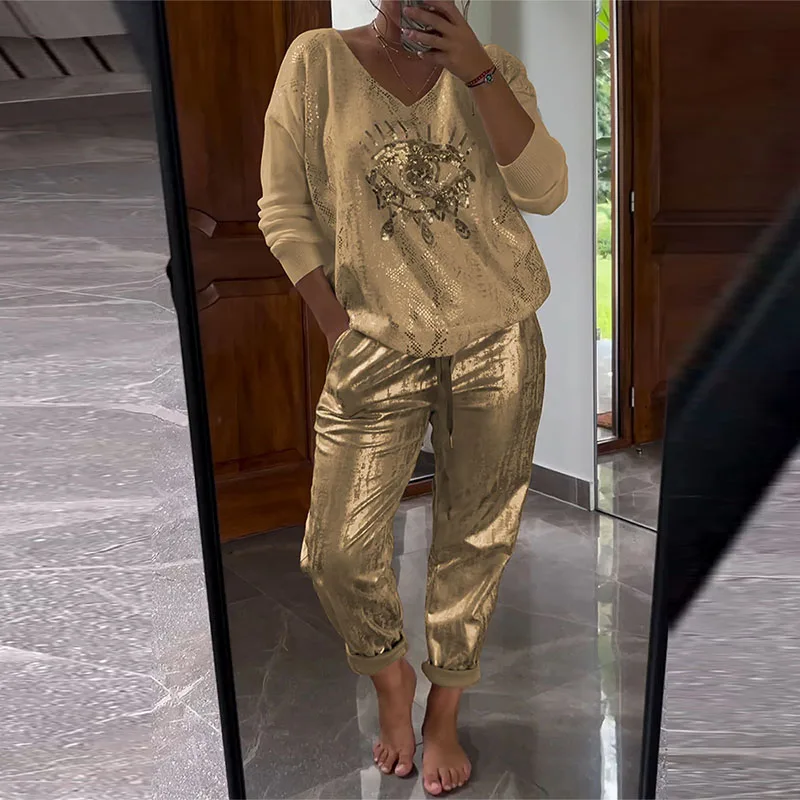 Sexy Deep V-neck Print Pullover & Long Pant Outfits Women Casual Long Sleeve Pocket Suit Elegant Hot Gold Glitter Loose 2Pc Sets