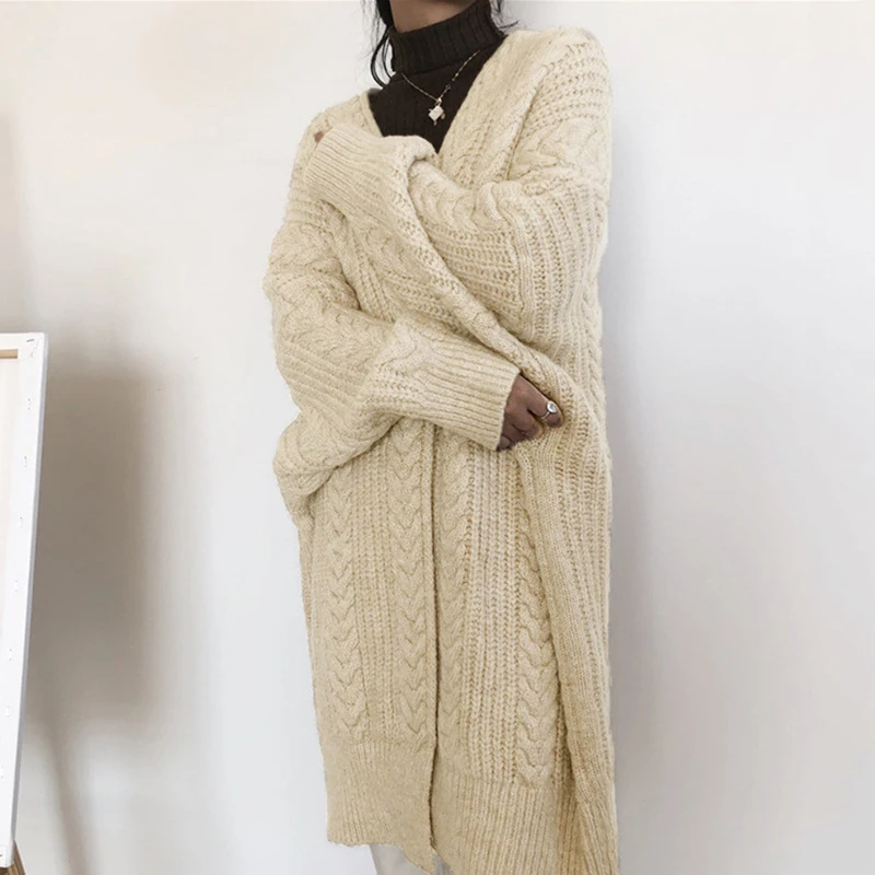 Chique herfst winter losse verdikte warme lange gebreide open vest trui dames Faion V-ne button-up casual bovenkleding