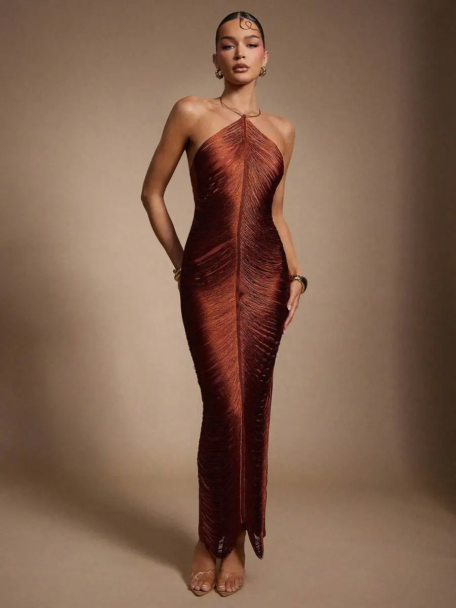 

Metallic Copper Halter Neck Pleated Maxi Dress for Evening Party