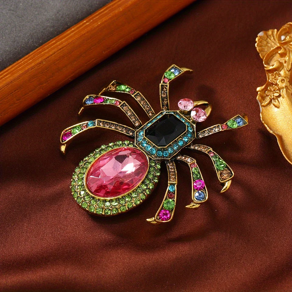 بروش عنكبوت كبير كريستال بيضاوي ، مزاجه رائع ، بروش وردي ، دبوس فستان ، الصدار الرجعي ، اتجاه الموضة