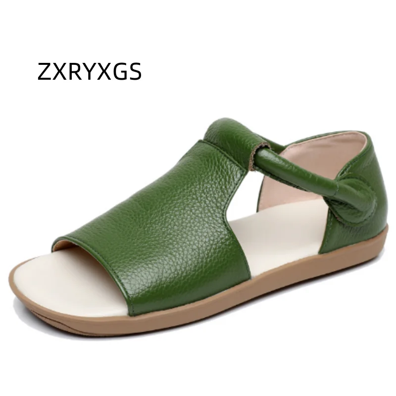 ZXRYXGS Top Cowhide Fish Mouth Sandals 2025 New Summer Women Real Leather Sandals Flat Soft Sole Comfortable Casual Sandals