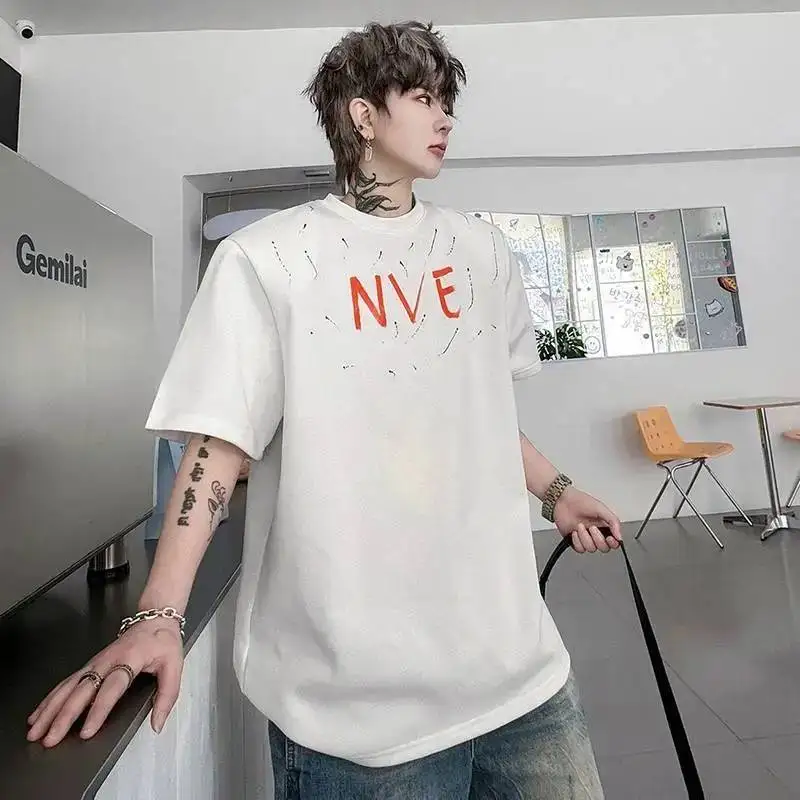 LUZHEN Printed Original Sleeve Letter 2026 Textured Short T-shirt Summer Men's Trendy Round Neck Shoulder Pad Casual Tops JY7751