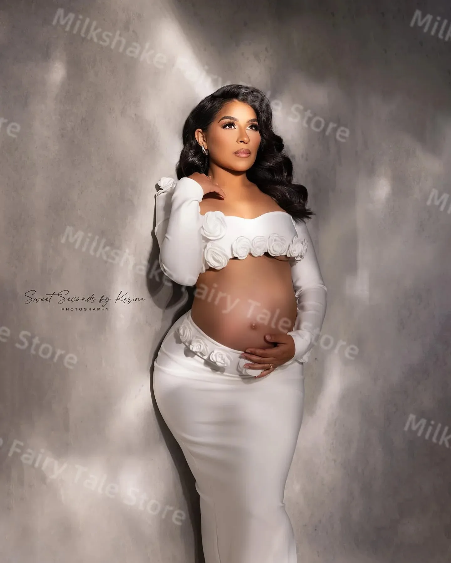 White Mermaid Prom Dresses Flowers Appliqued  Women Pregnancy Photo Maternity Robes Floor Length Customized Baby Shower Gowns