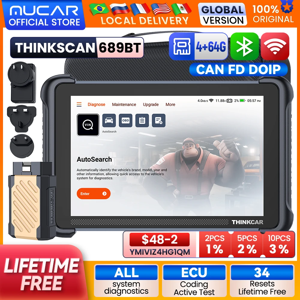 THINKCAR THINKSCAN 689BT All System Car Diagnostic Tool Bi-Directional OBD2 Scanner with ECU Coding 34 Services CANFD DoIP