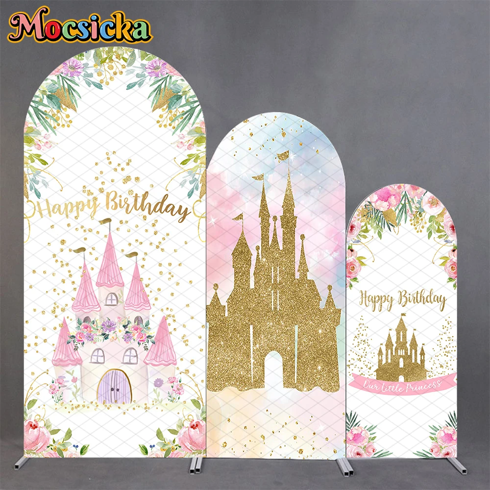 

Mocsicka Castle Happy Birthday Arch Cover Backdrop Little Princess Baby Photo Arched Background Pink Flower Decor Shooting Props