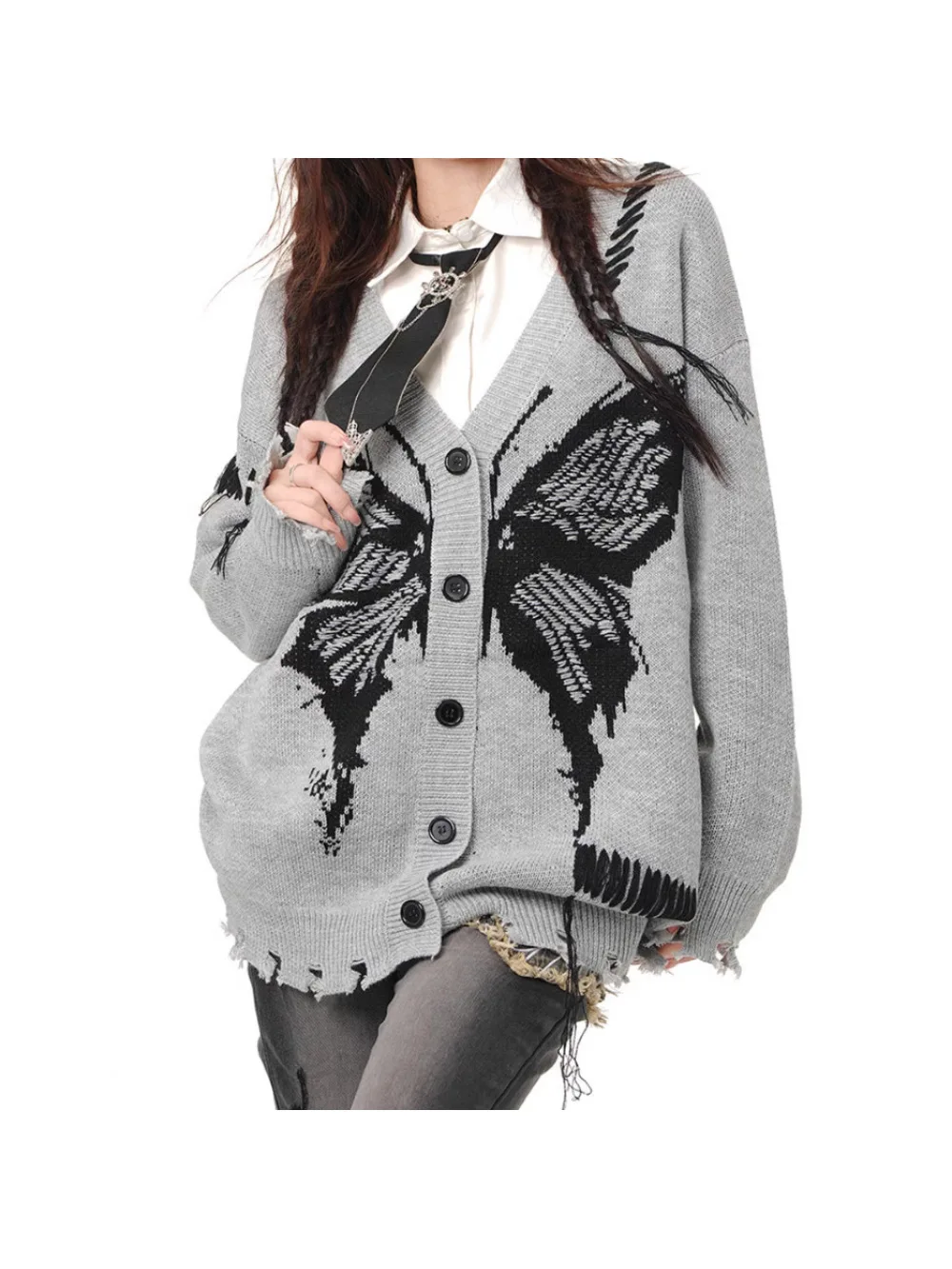 

European and American dark butterfly jacquard knitted cardigan jacket women's autumn and winter new V-neck loose sweater