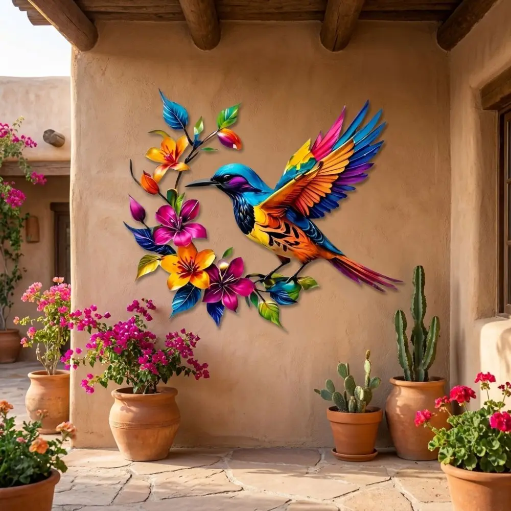 Colorful Flower Iron Art Bird Wall Hanging Hand Painted Weather Resistant Colorful Birds Sculpture Rustproof Wall Ornament