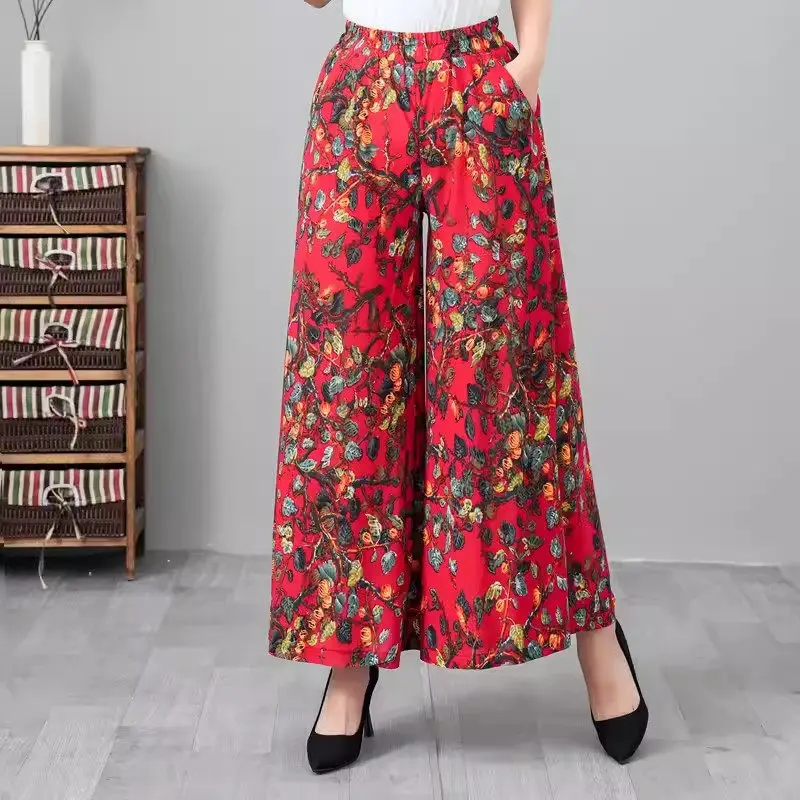 New Floral Wide Leg Pants Women 2024 Summer Moms Thin Fashion Elastic Waist Loose Large Size Culottes K1382