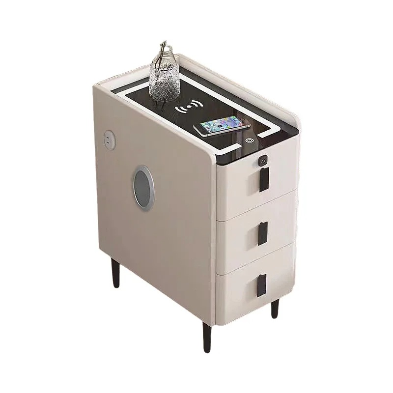 

three-layer small smart bedside table multi-function wireless charging simple modern solid wood light luxury bedside table