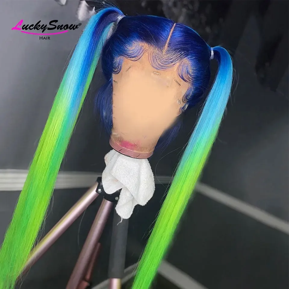 

Ombre Синий Зеленый Прямой 180 Плотность Бразильский Парик Человеческих Волос Прозрачный 13x4 Кружева Фронтальные Парики Косплей Цветные Высокое Качество