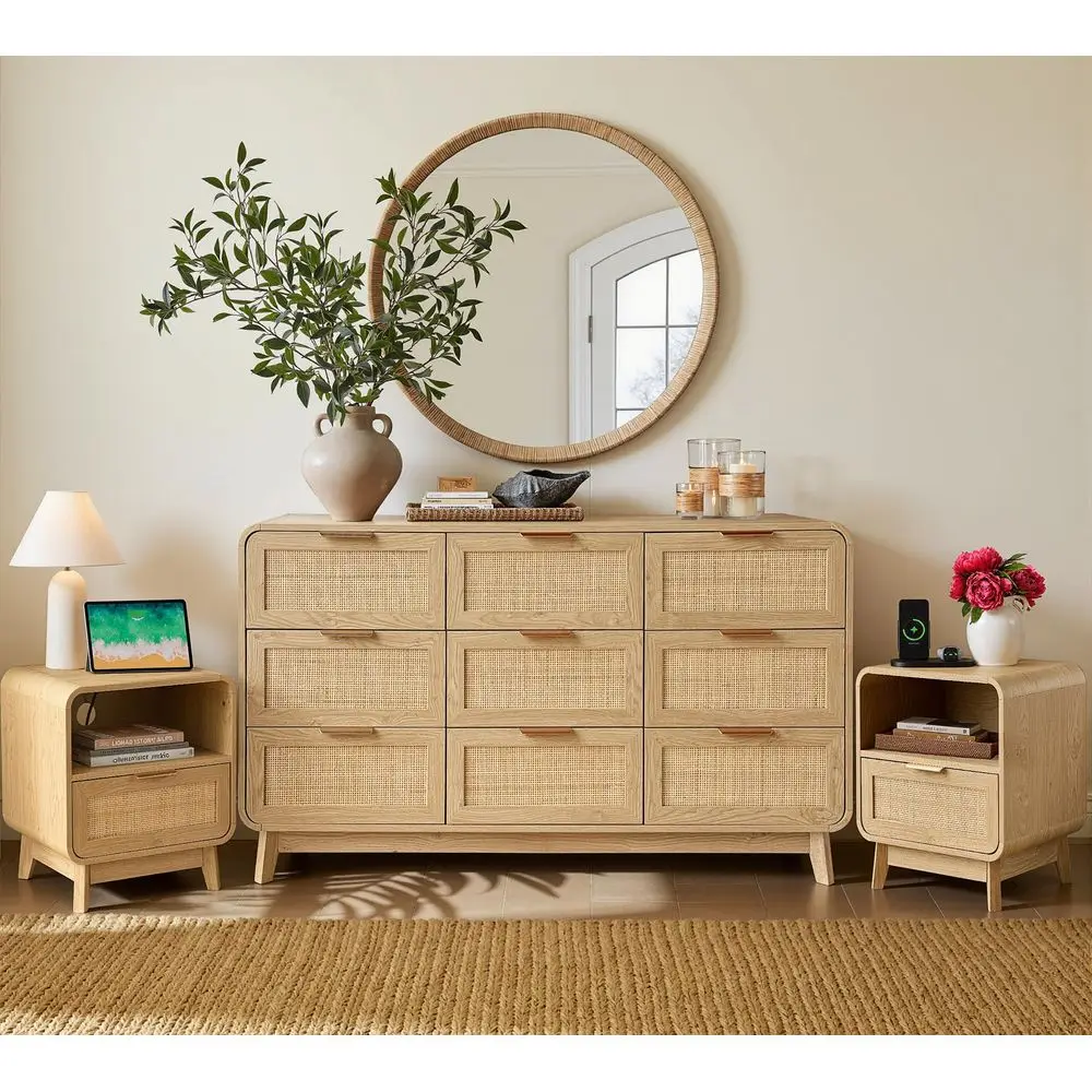 

55 Rattan 9 Drawer Dresser, Modern Farmhouse amp Boho Wooden Chest of Drawers with Oak Wood Grain, Multifunctional Storage Bedr