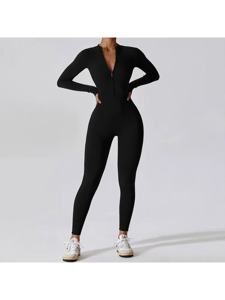 AliExpress JBOLID 2025 Spring Women's One-piece Yoga Jumpsuit Sporty Long-sleeved Thin Ski Overalls Outerwear Cycling Bodysuit Zipper Ladies