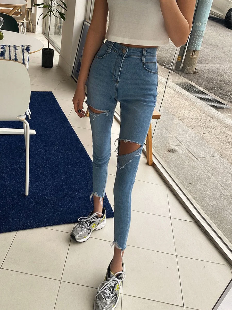 

East Gate New Ins Super ular High Waist Cotton Stretch Denim Women's Tight Fit Nine Crop Pants Tear Hole Leggings