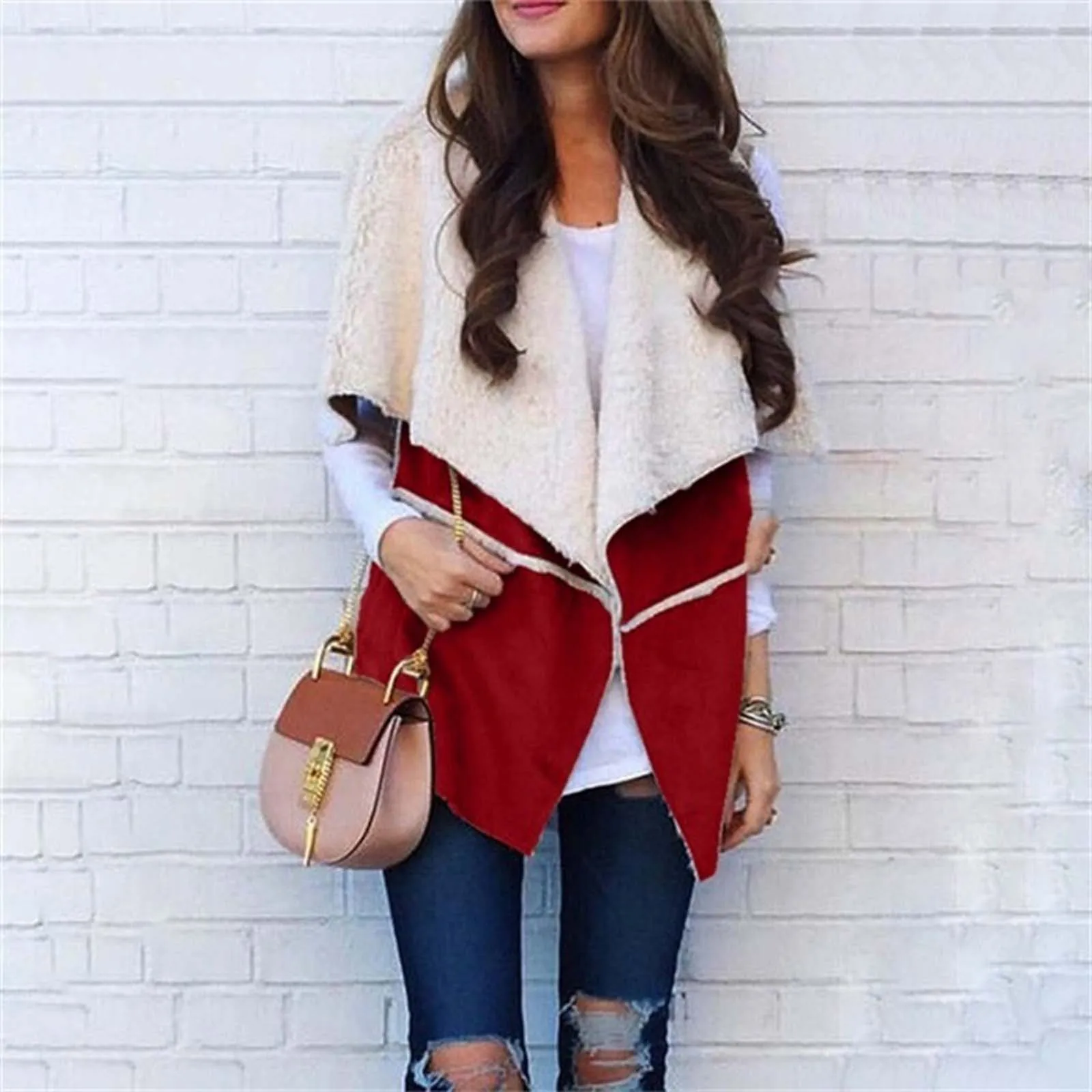 

Women Plush Lapel Waistcoat Fashion Patchwork Open Front Sleeveless Vest Jacket Autumn Winter Ropa De Mujer Outerwears Jaqueta