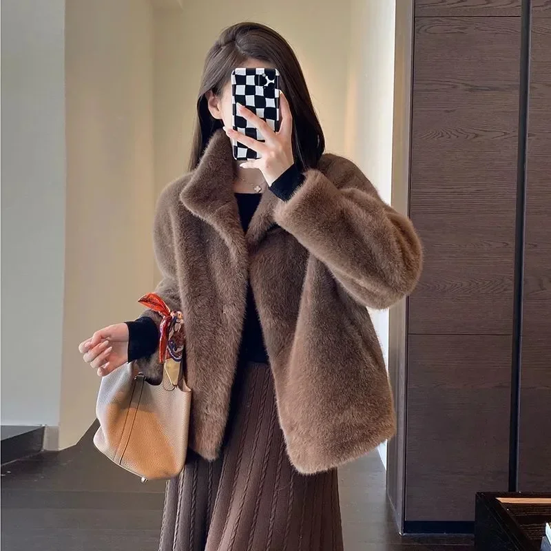 Autumn Winter Female Lamb Wool Faux Fur Tops Coat 2024 Women Stand Collar Short Fur Jacket Ladies Long Sleeves Plush Outerwear