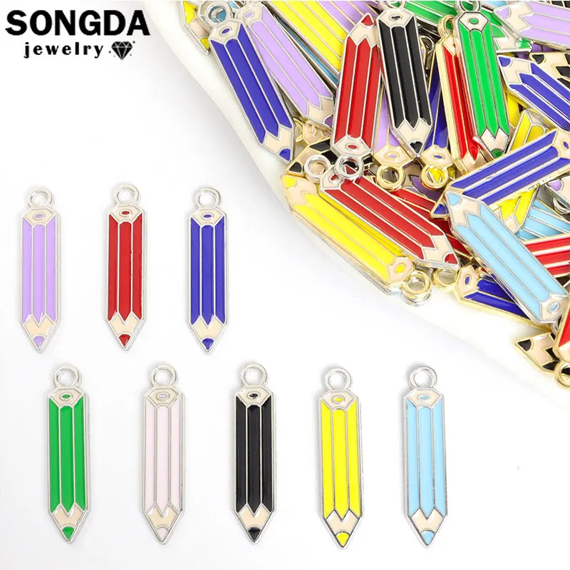 10pcs Colorful Enamel Pencil Stationery Charm Interesting DIY Jewelry Earring Necklace Keychain Student Pen Cartoon Gift Pendant