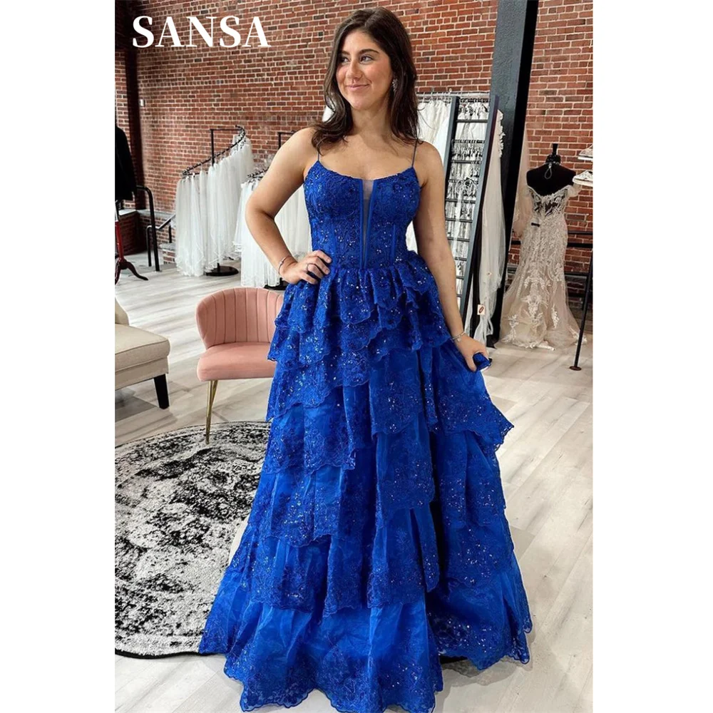 Sansa Glitter Sapphire Blue Prom Dress 2024 Lace Sequins Multilayer Vestidos De Noche Spaghetti Strap Graduation Ball Dress