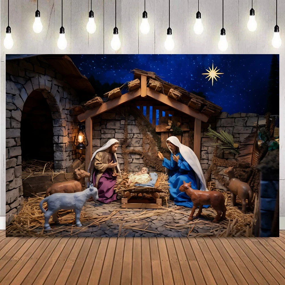 خلفية عيد الميلاد لولادة يسوع، السماء المرصعة بالنجوم، العائلة المقدسة، التجمعات الدينية، المهد لخلفية التصوير الفوتوغرافي للديكور الاحتفالي #6