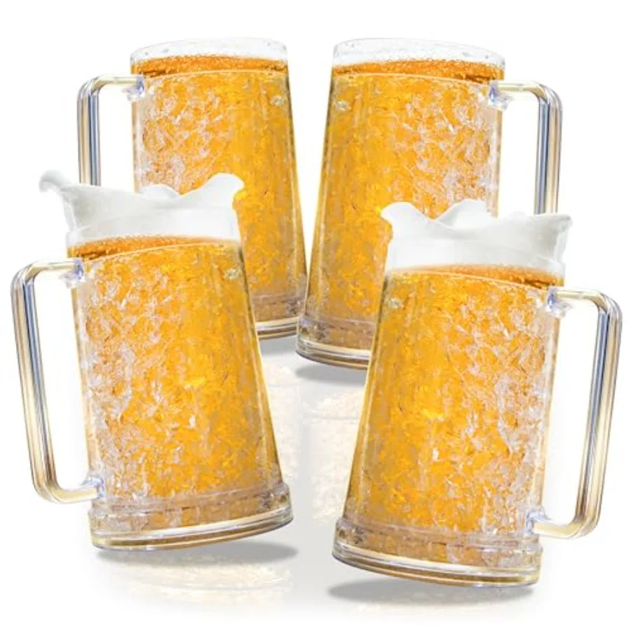 

Freezer Beer Mugs Set of 4, 16 oz Double Wall Gel Mugs for Freezer, Acrylic Plastic Beer Stein with Handle, Ice Cold Glasses fo