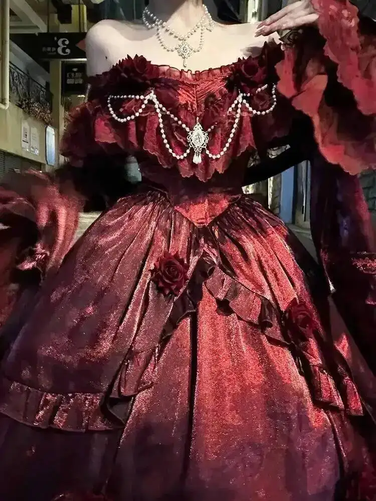 Beauty Princess Dress Red Lolita Skirt Long Dress Elegant Lolita Outfit Heavy Industry Skrit Flower Red Dress Red Passion Dress view 4