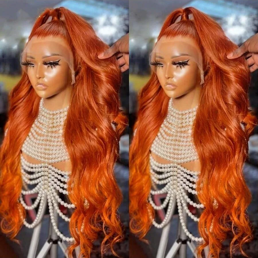 200% 32 34 بوصة الجسم موجة الزنجبيل البرتقالي خصلات الشعر المستعار الإنسان 13x4 الدانتيل الباروكات الأمامية HD الدانتيل الشفاف قبل قطعها مع شعر الطفل