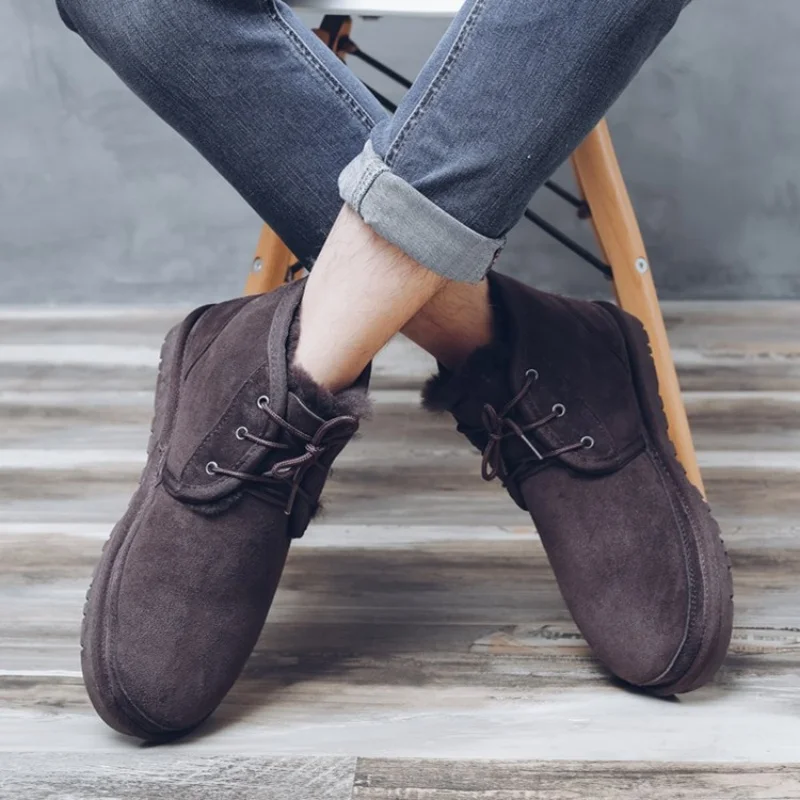Fashion Lace up Men's Snow Boots Real Sheepskin Leather Winter Boots 100% Natural Fur Wool Ankle Boots Warm Winter Shoes view 3