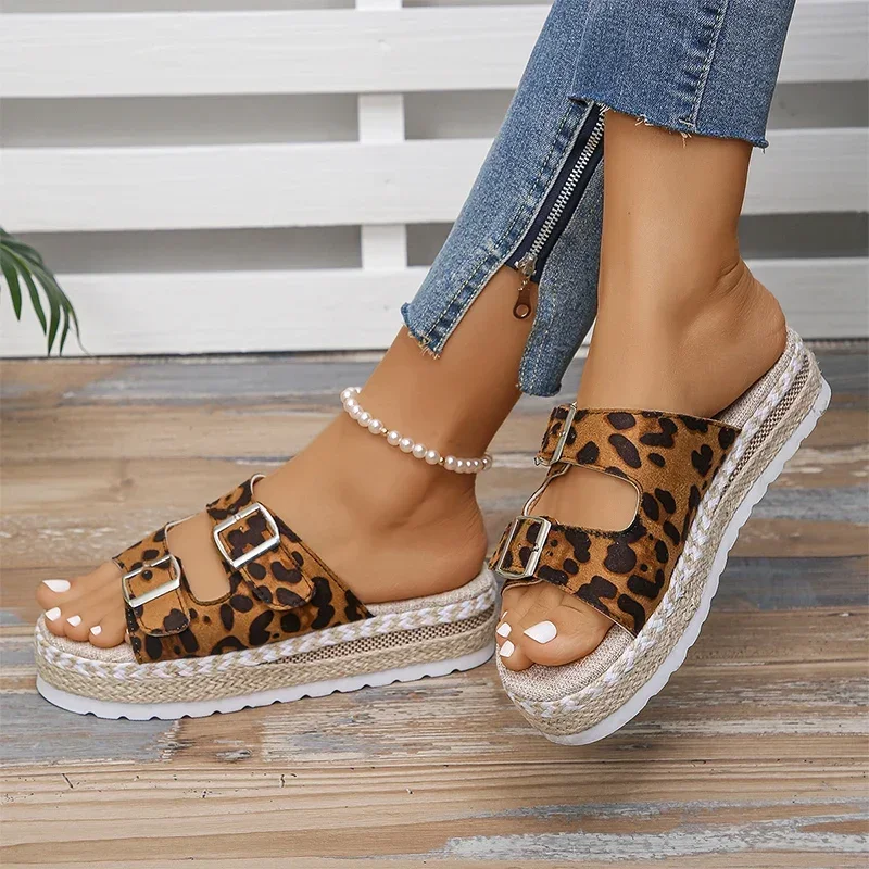 Leopard Flats Platform Slippers Women Shoes Summer Sandals 2024 Designer New Beach Flip Flops Casual Dress Female Zaoatos Slides