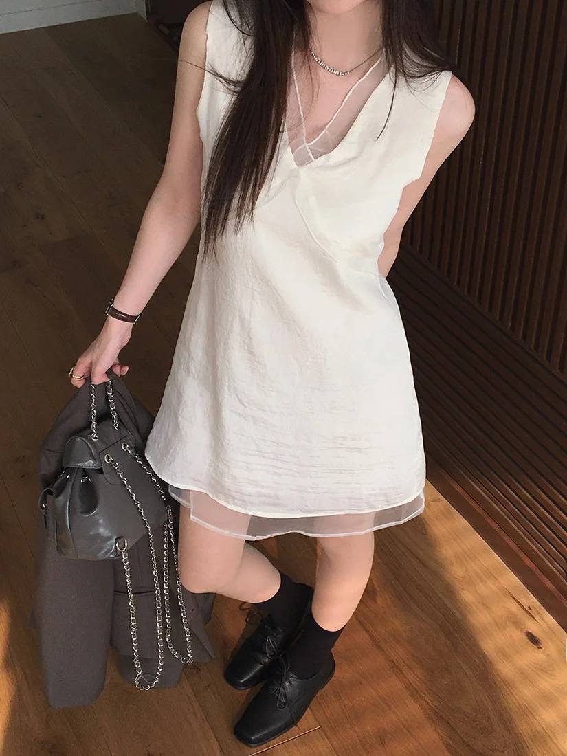 White V-ne Splice Dr Women's Chic Summer New Sle Ele Skirt Faion High-ade Feeling Vest Dr Korean Sle Loos...