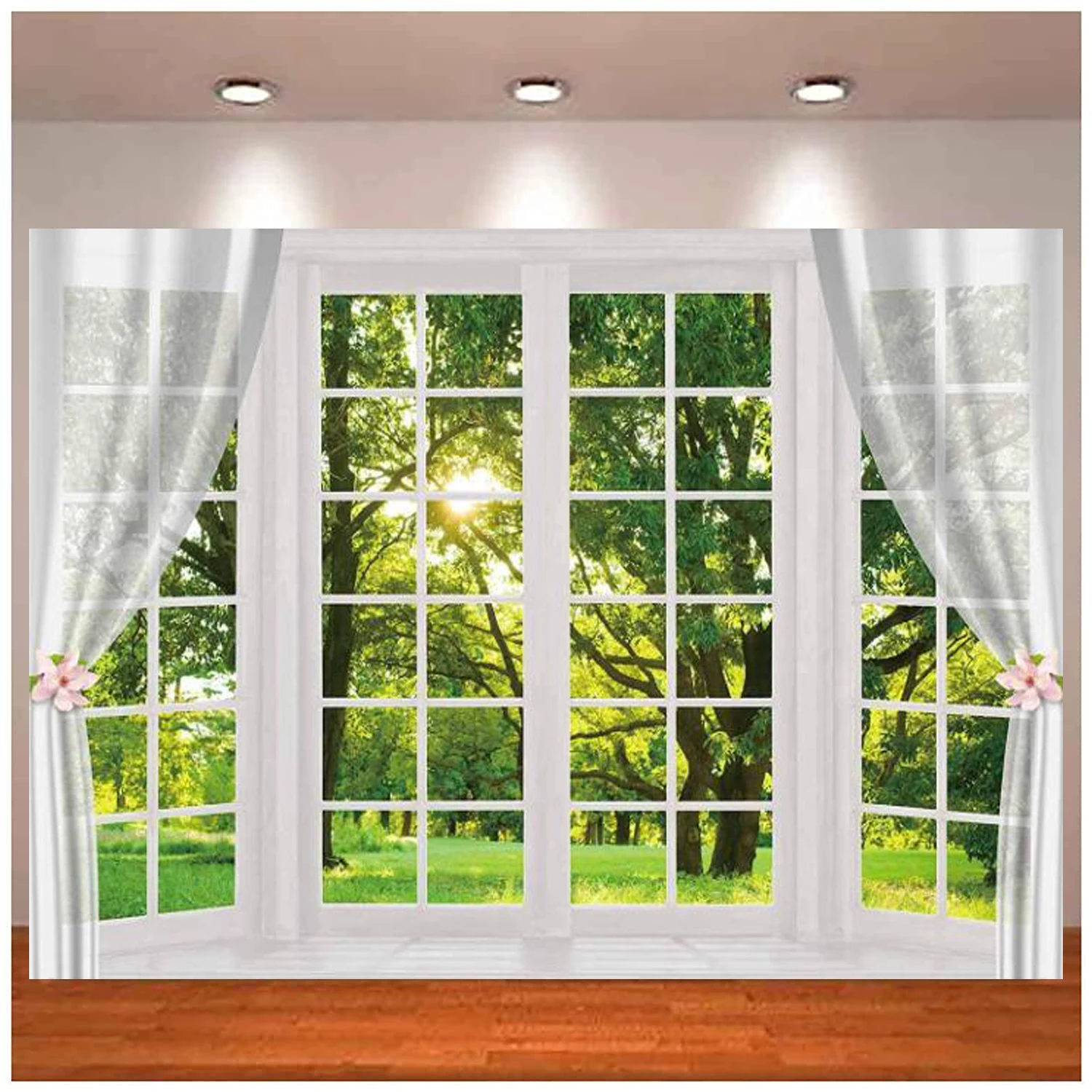 Spring Window Scenery Photography Backdrop White Windowsill Floral Green Forest Natural Background Party Banner Wall Decor