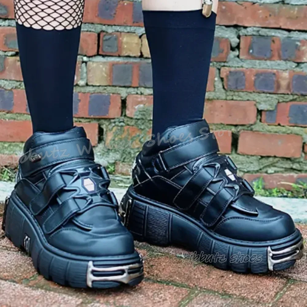 

Hook&Loop Sneaker Gothic Punk Rock Thick Bottom Hot Girls Genuine Leather Solid Color Fashion Elegant Concise Shoes Dark Style