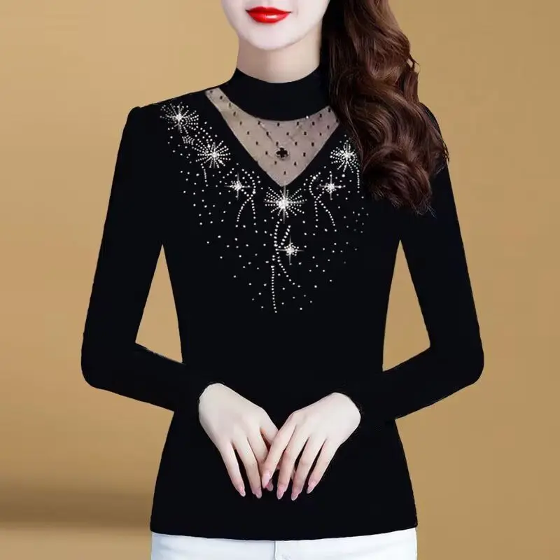 2023 New Autumn Fashion Simple Sexy Round Neck Mesh with Diamonds Solid Color Slim Fit Comfortable Commuter Warm Women's T-shirt