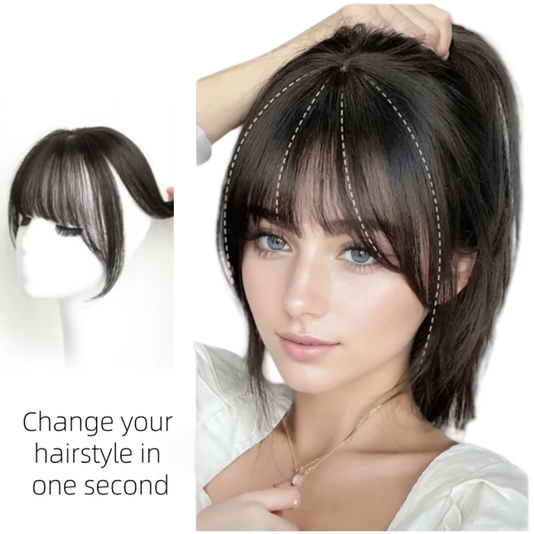 360 °   Abdeckung von natürlichen schwarzen Echthaar-Pony-Clips in Haarteilen für Frauen, falscher natürlicher Pony mit dünner werdenden Haarverlängerungen