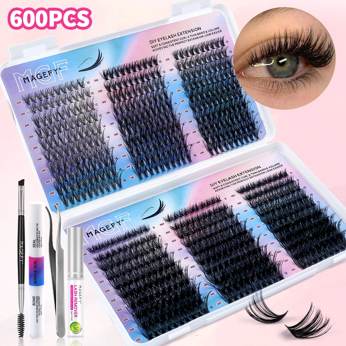 MAGEFY 600PCS Lash Clusters 60D80D Eyelash Extensions Cluster Natural Look Wispy Lashes D Curl Cluster Lashes with Bond and Seal