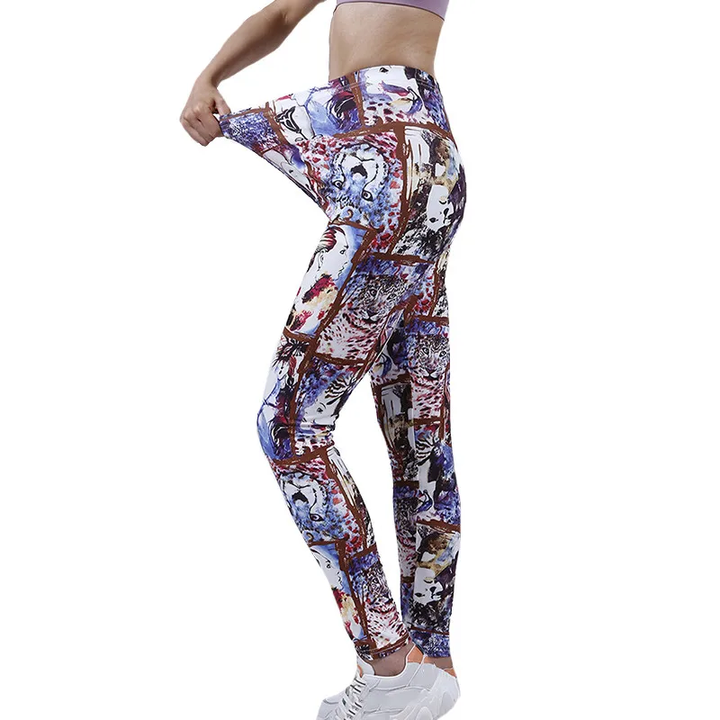 LJCUIYAO-mallas con estampado de grafiti azul para mujer, pantalones de entrenamiento, ropa deportiva elástica, parte inferior de moda para Yoga