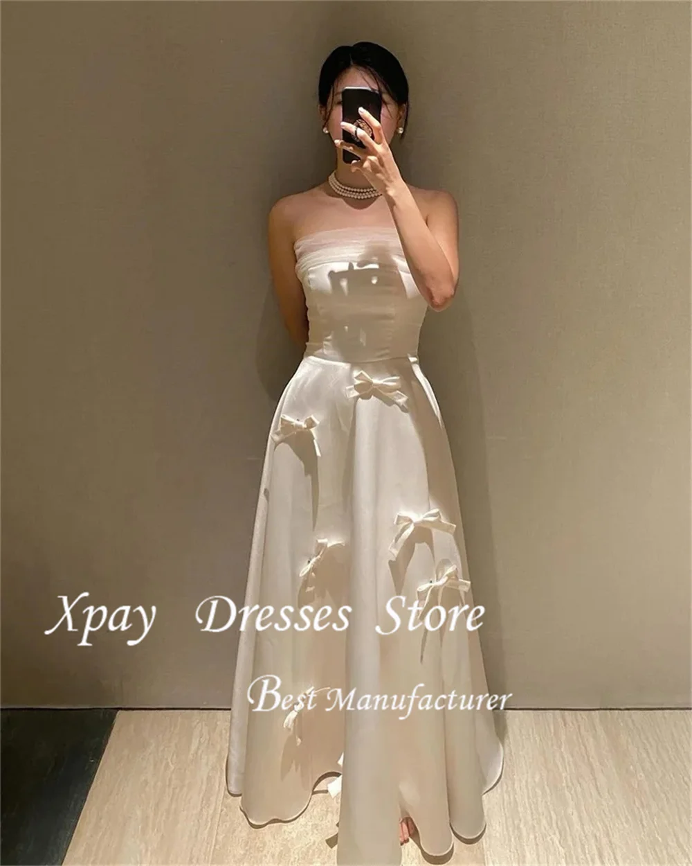 XPAY シンプルなストラップレス A ライン韓国イブニングドレス結婚式の写真撮影パーティードレスボレロちょう結びナイトイベントカスタマイズ