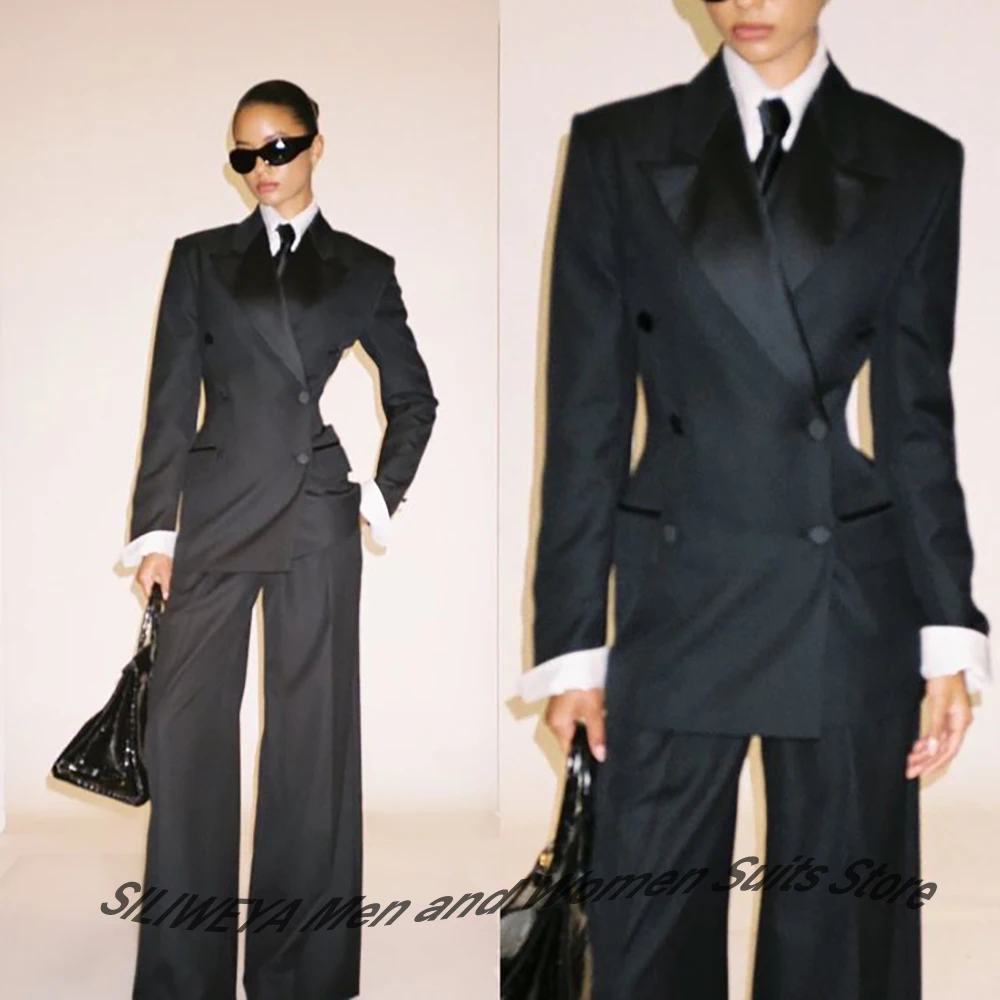 Professional Women's Black Double-Breasted Suit Slim Fit Jacket+Pants Set Formal Tuxedo Elegant Office Lady Wear Evening Outfit